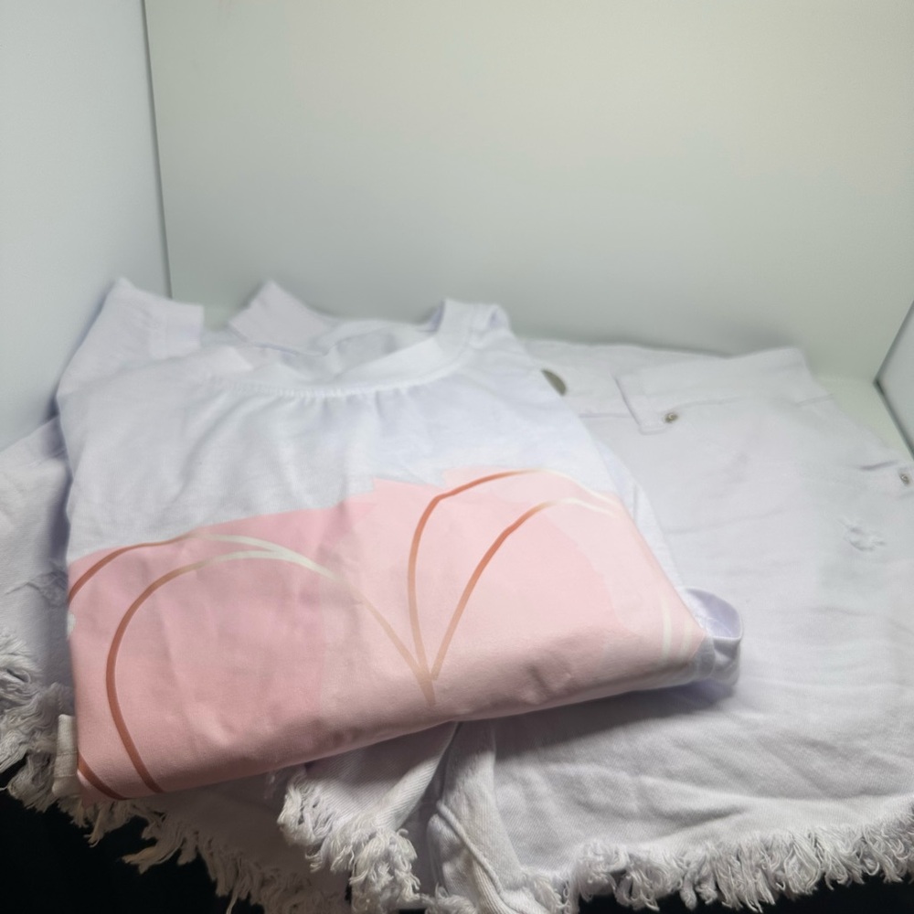 White and Pink Graphic Tee with Frayed Hem
